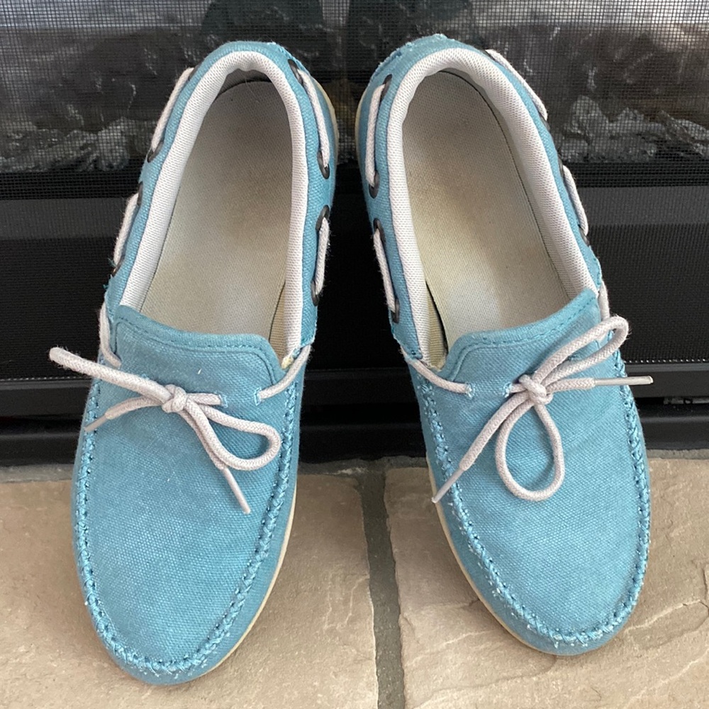 ⭐️HP🎉PATAGONIA Women's Kula Moc Canvas VEGAN Shoes, Tobago Blue sz 7.5 RARE!!!